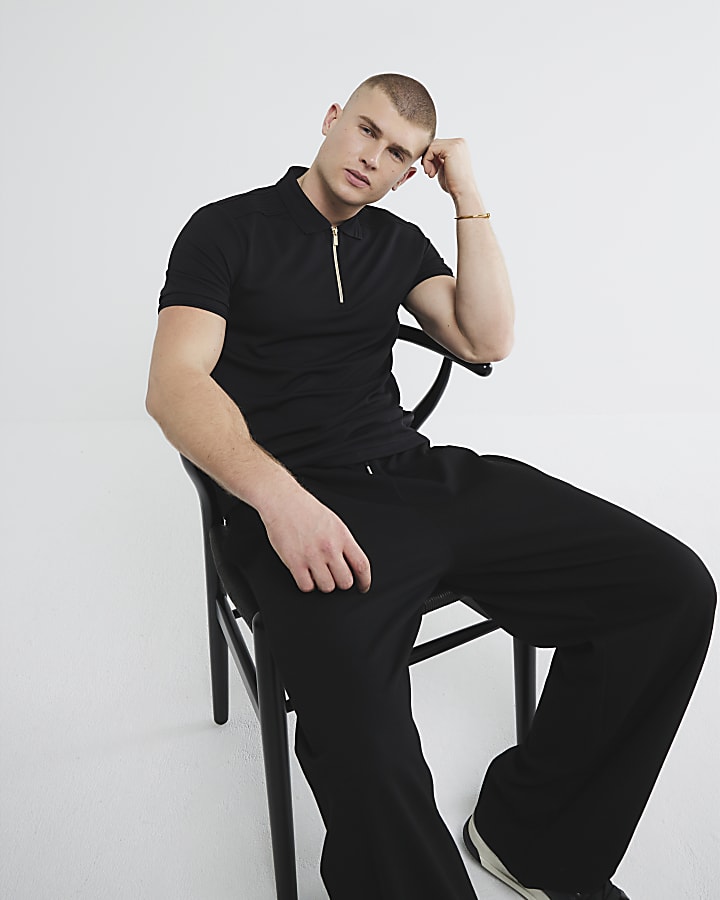 Black Short Sleeve Twill Taped Polo Shirt