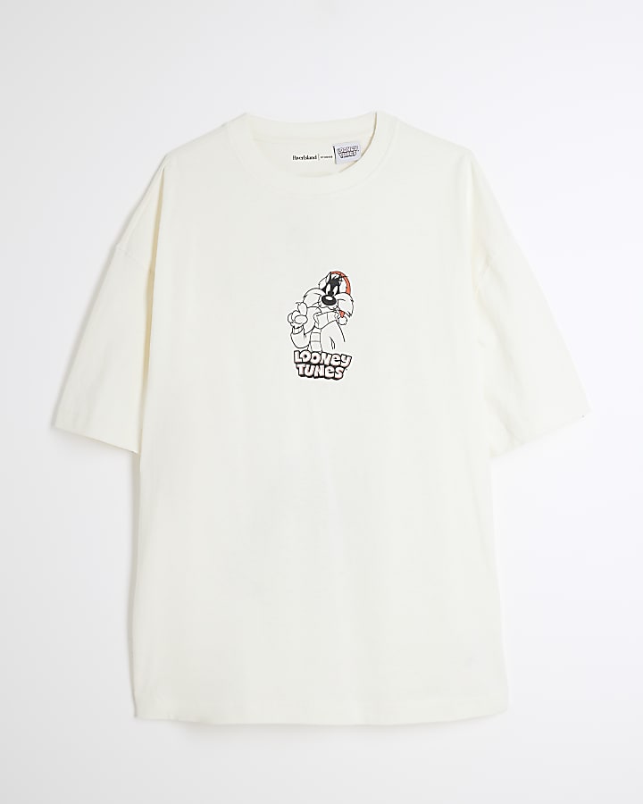 Beige Oversized Sylvester Xmas Print T-shirt