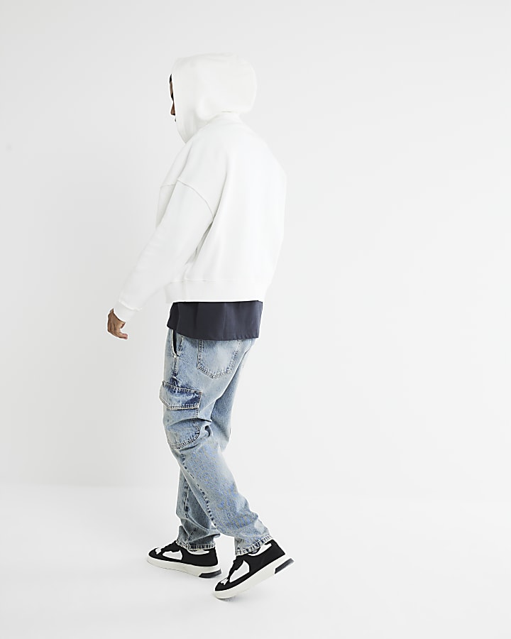 White Oversized Eagle Print Zip Hoody