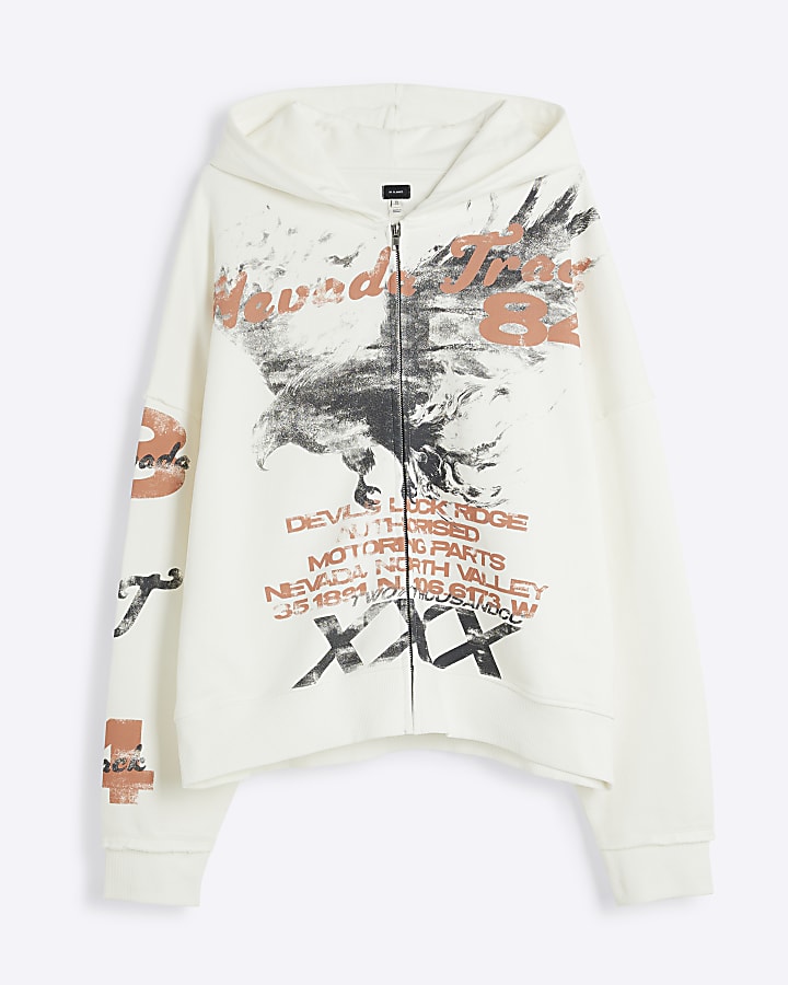 White Oversized Eagle Print Zip Hoody