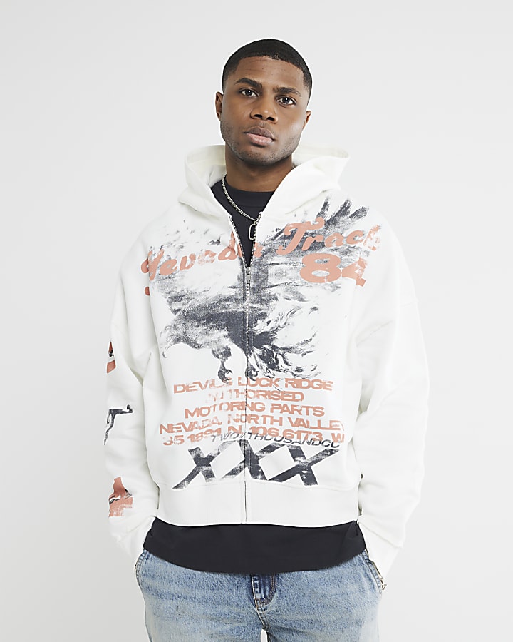 White Oversized Eagle Print Zip Hoody