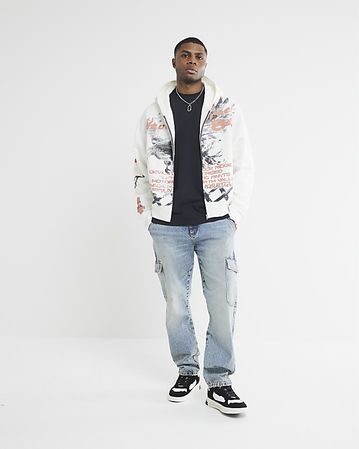 White Oversized Eagle Print Zip Hoody