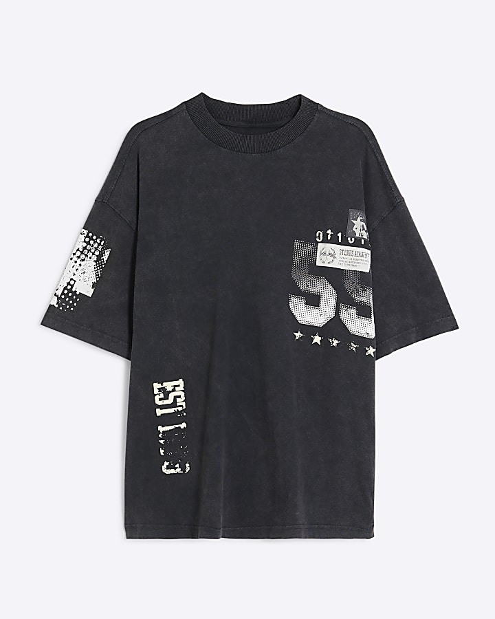 Black Boxy Fit Washed Track Patch T-Shirt