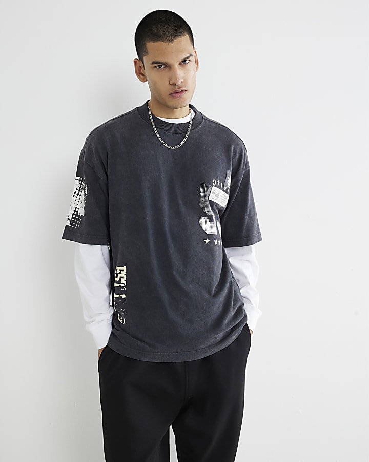 Black Boxy Fit Washed Track Patch T-Shirt