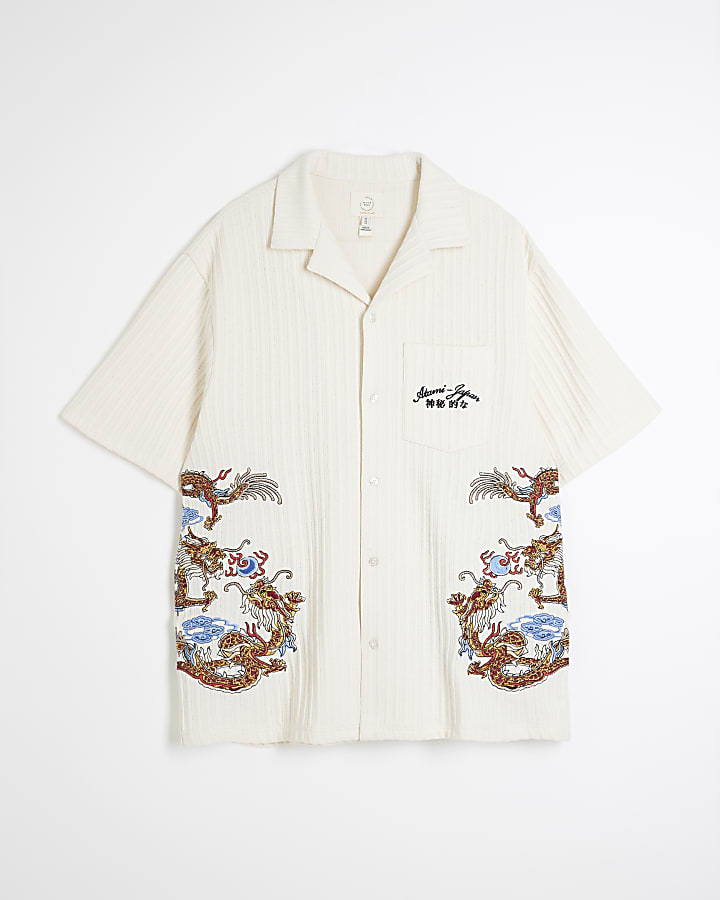 White Dragon Embroidered Ribbed Shirt