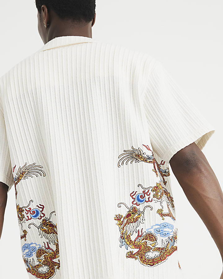 Cream Dragon Embroidered Ribbed Shirt