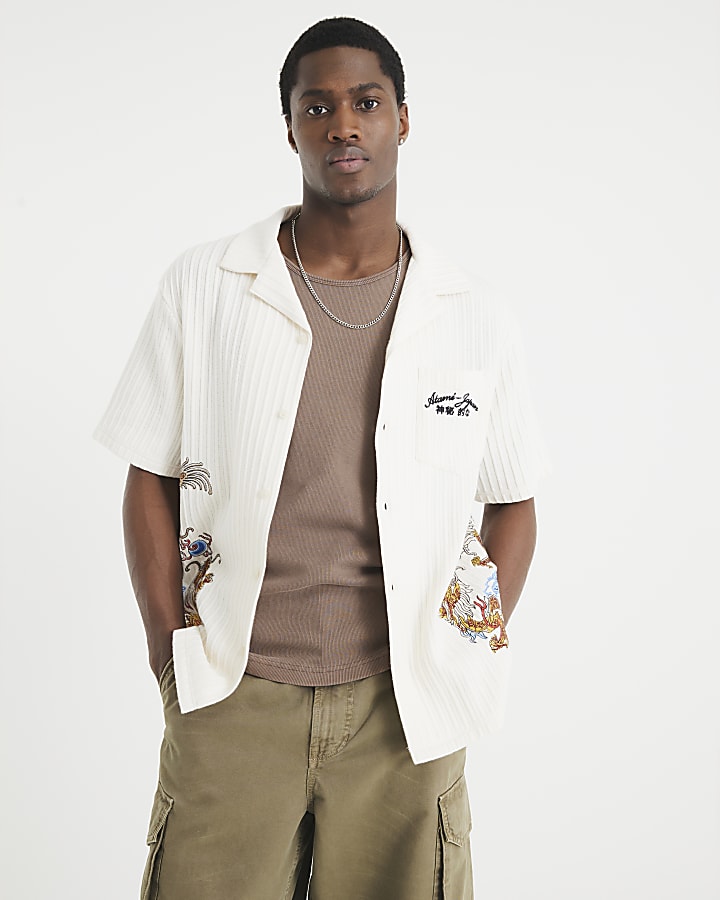 Cream Dragon Embroidered Ribbed Shirt