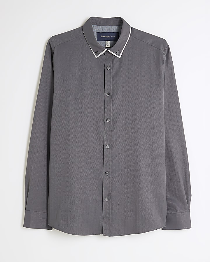 Grey Slim Fit Double Collar Shirt