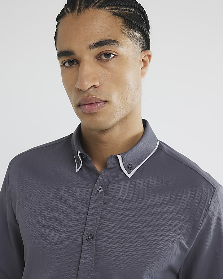 Grey Slim Fit Double Collar Shirt