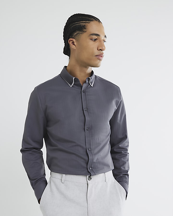 Grey Slim Fit Double Collar Shirt