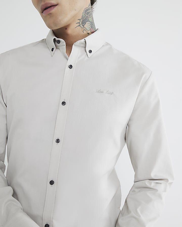 Grey Muscle Fit Textured Embroidery Shirt