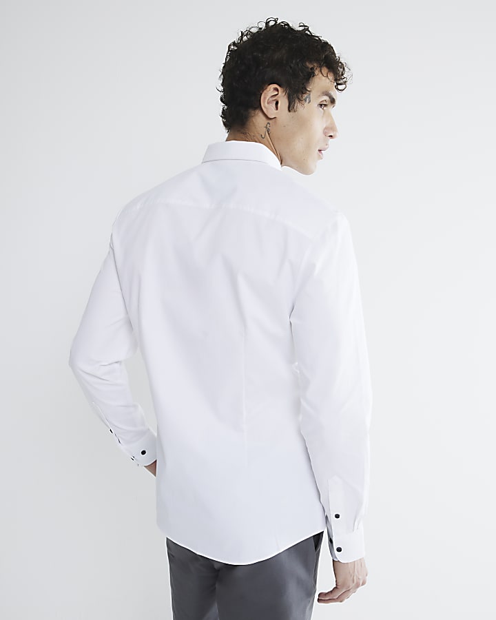 White Muscle Fit Textured Embroidery Shirt