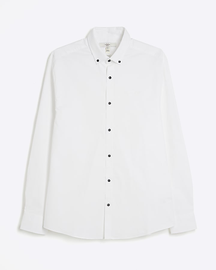 White Muscle Fit Textured Embroidery Shirt