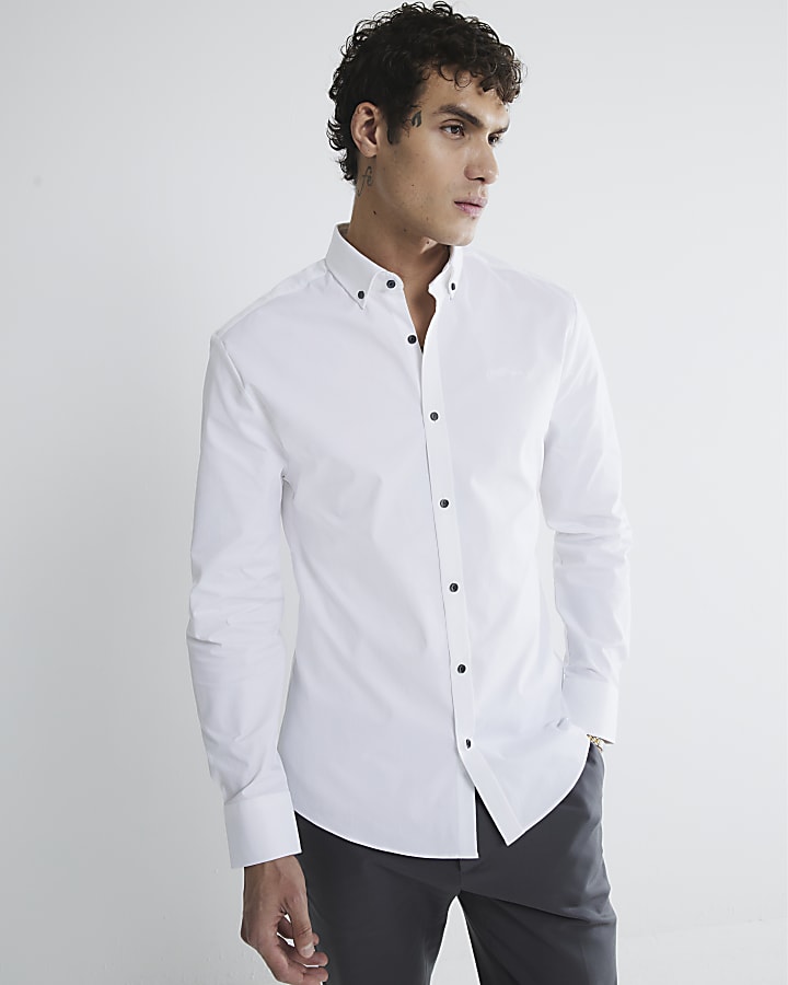 White Muscle Fit Textured Embroidery Shirt