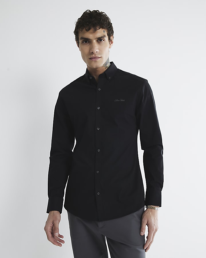 Black Muscle Fit Textured Embroidery Shirt