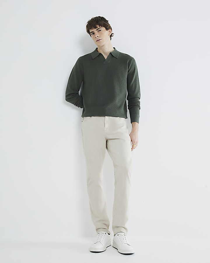 Green Textured Open Neck Polo Shirt