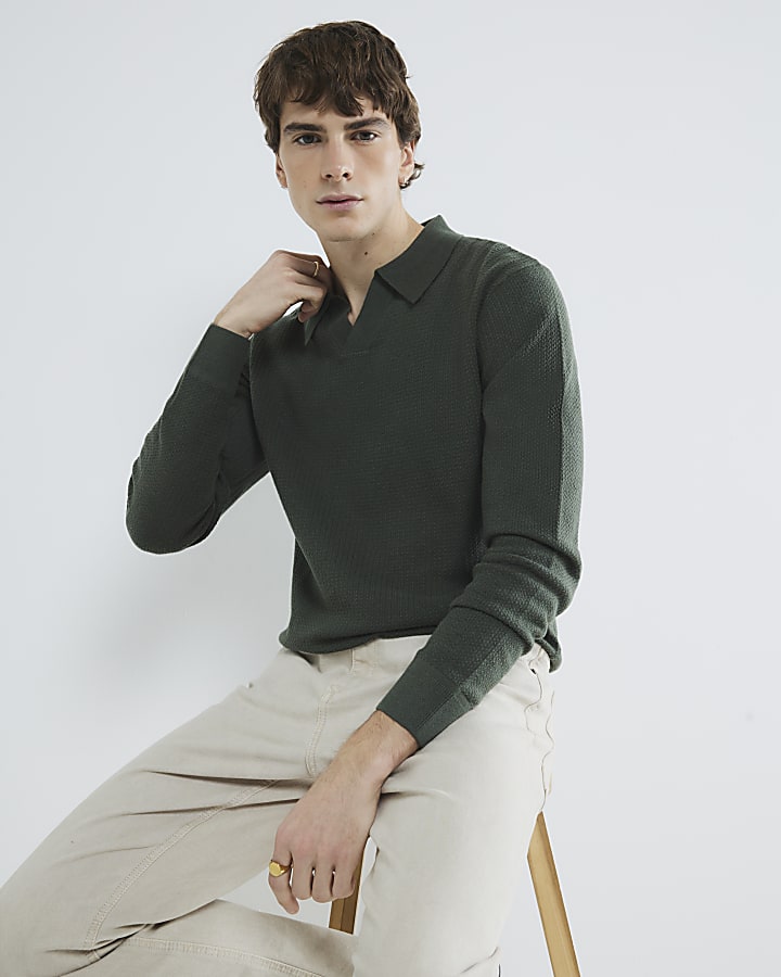 Green Textured Open Neck Polo Shirt