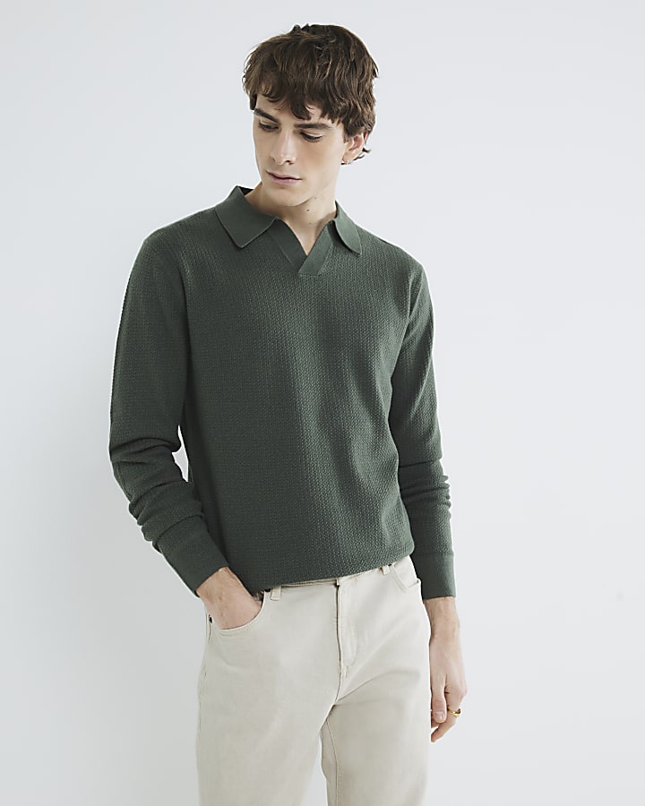 Green Textured Open Neck Polo Shirt