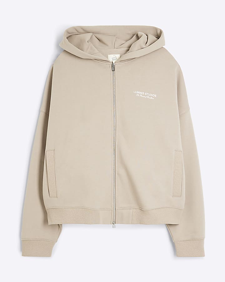 Stone Long Sleeve Zip Through Luminis Hoodie