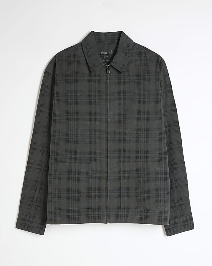 Grey Long Sleeve Zipped Check Shirt