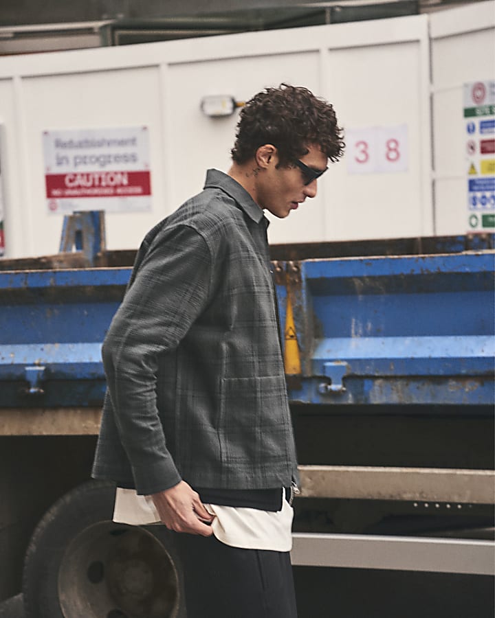 Grey Long Sleeve Zipped Check Shirt