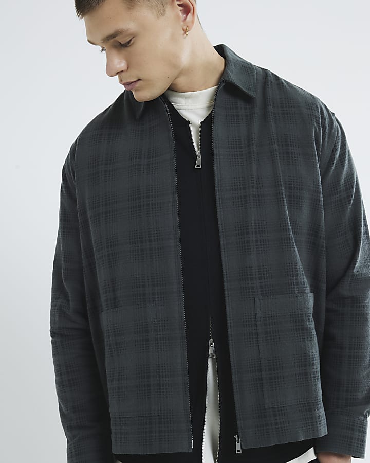 Grey Long Sleeve Zipped Check Shirt