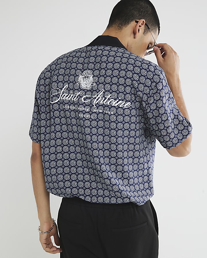 Navy Short Sleeve Tiled Shirt