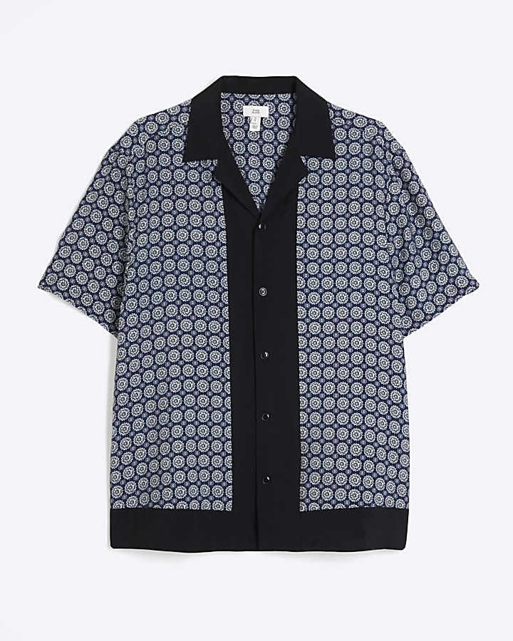 Navy Short Sleeve Tiled Shirt