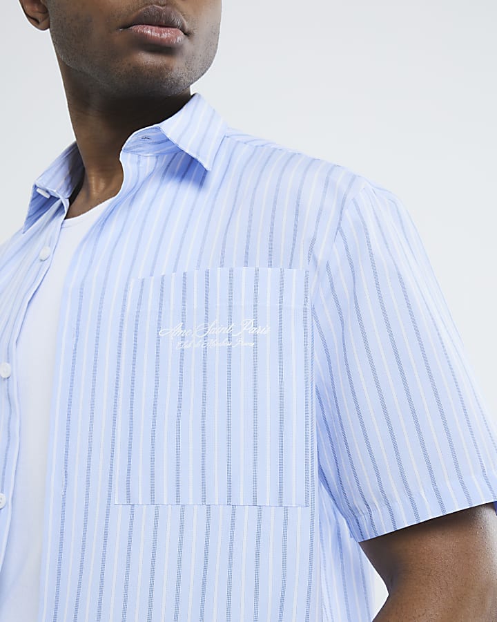 Blue Boxy Fit Short Sleeve Stripe Shirt