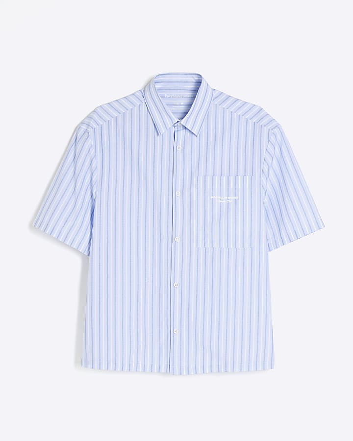 Blue Boxy Fit Short Sleeve Stripe Shirt