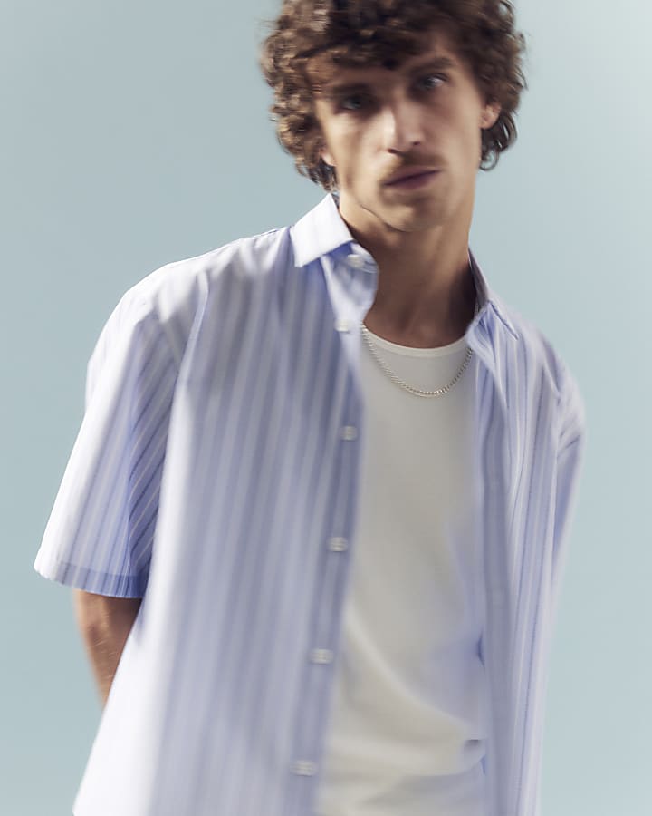 Blue Boxy Fit Short Sleeve Stripe Shirt