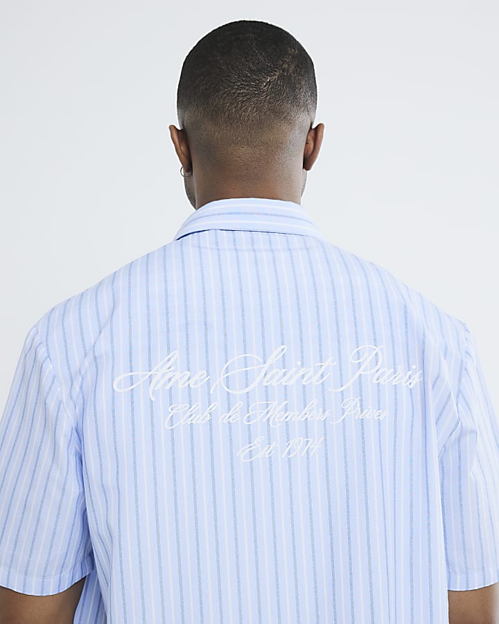 Blue Boxy Fit Short Sleeve Stripe Shirt