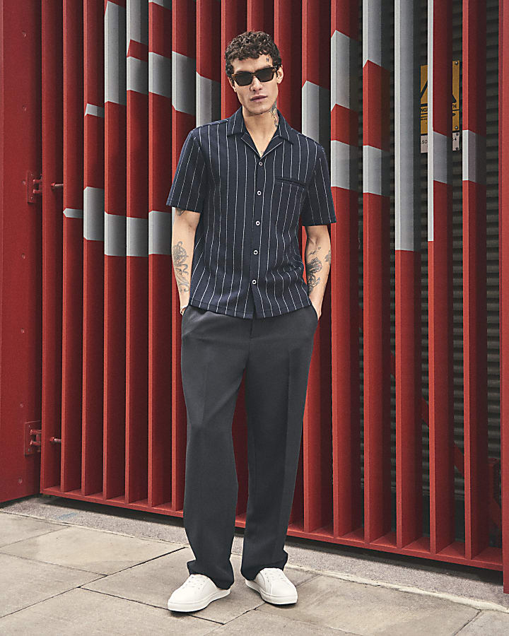 Navy Regular Fit Pinstripe Short Sleeve Shirt