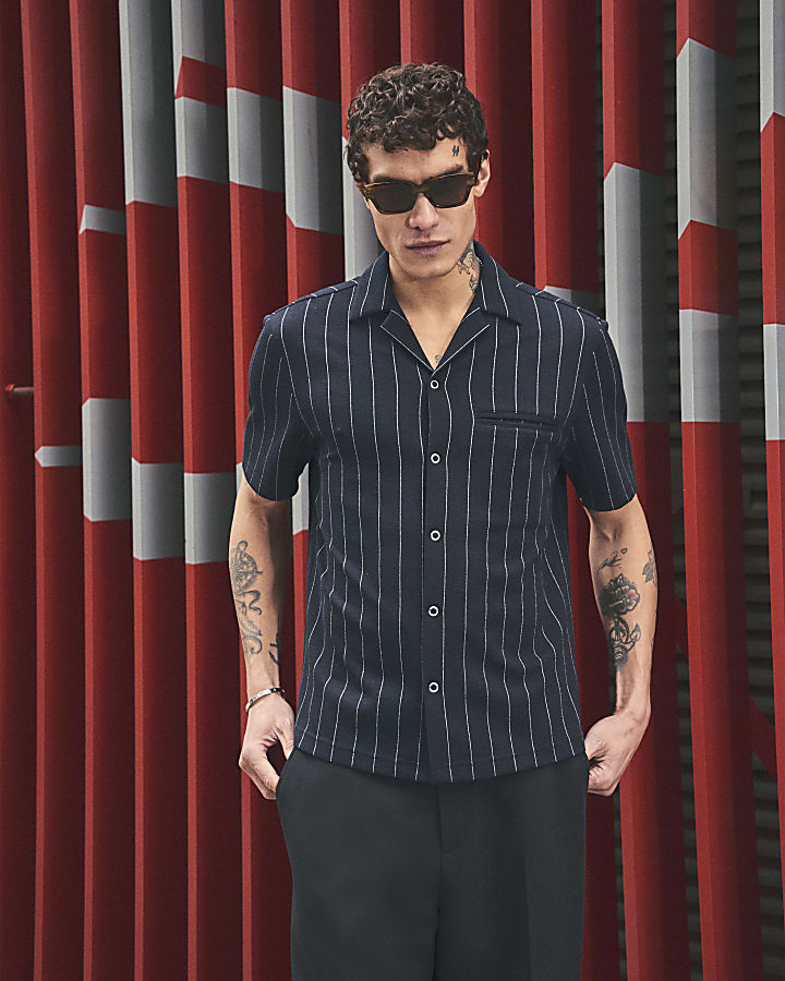 Navy Regular Fit Pinstripe Short Sleeve Shirt