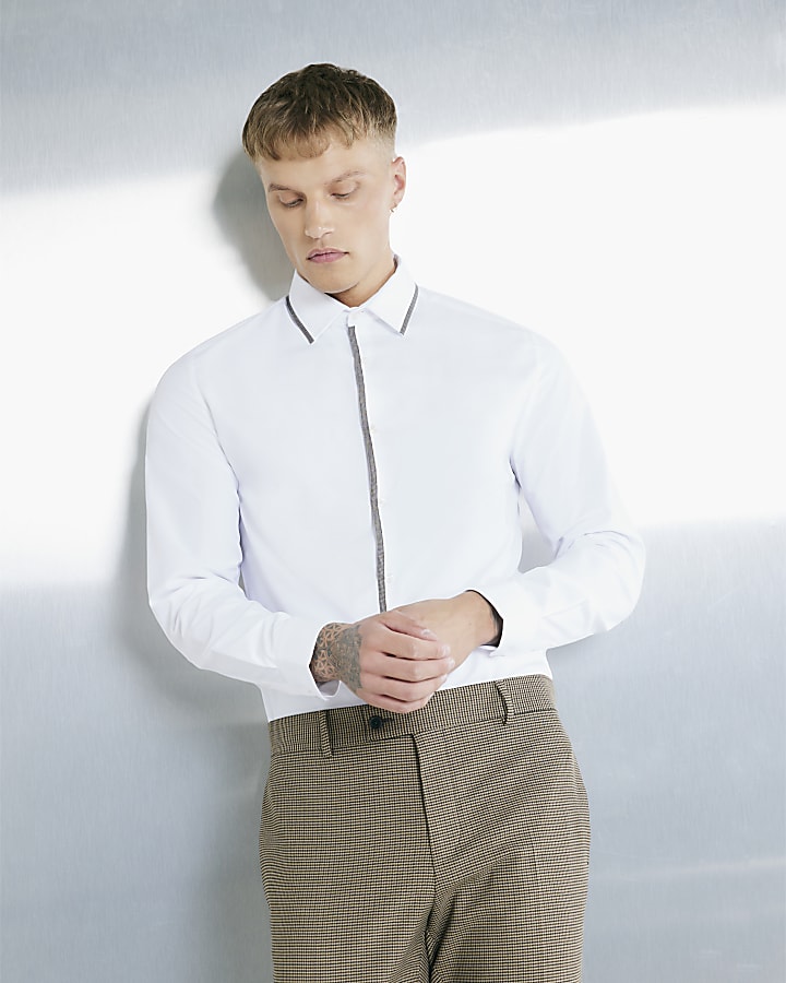 White Slim Fit Long Sleeved Tipped Shirt