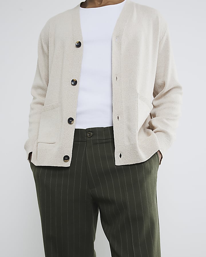 Khaki Pinstripe Slim Trousers