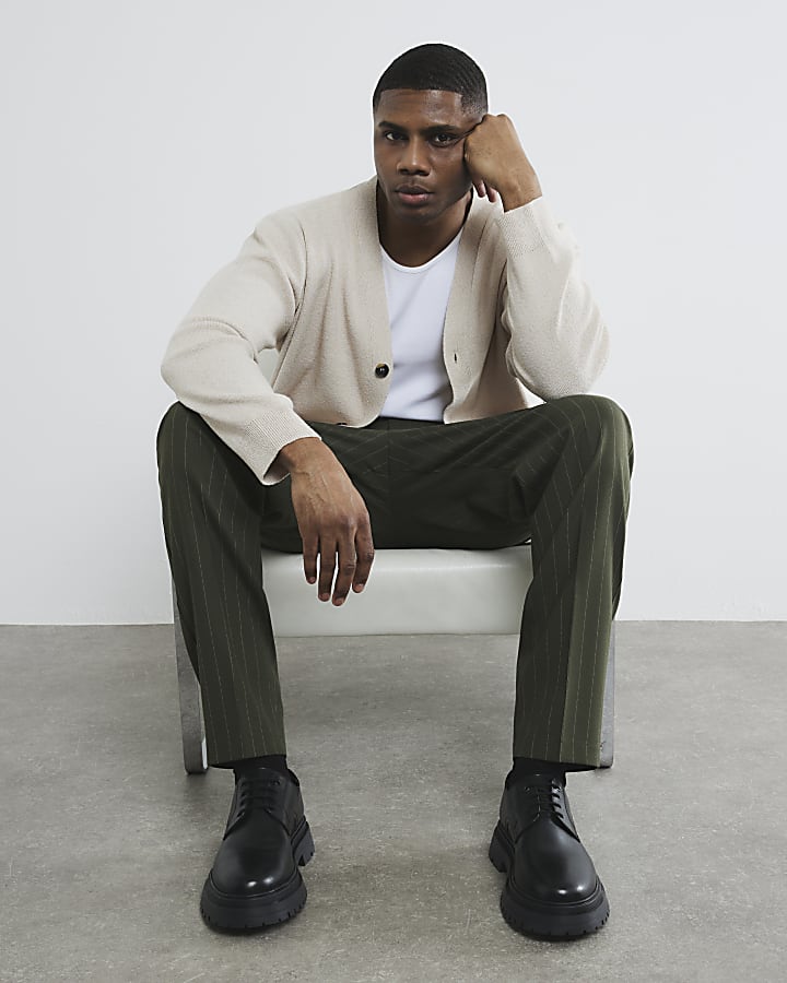 Khaki Pinstripe Slim Trousers