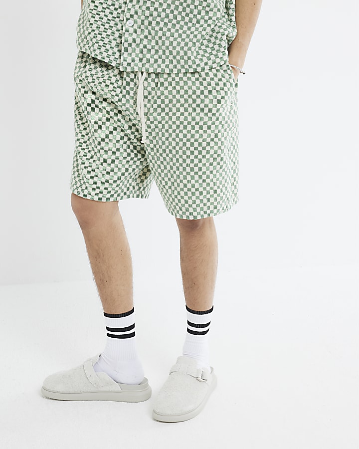 Green Boxy Fit Checkerboard Crochet Shorts