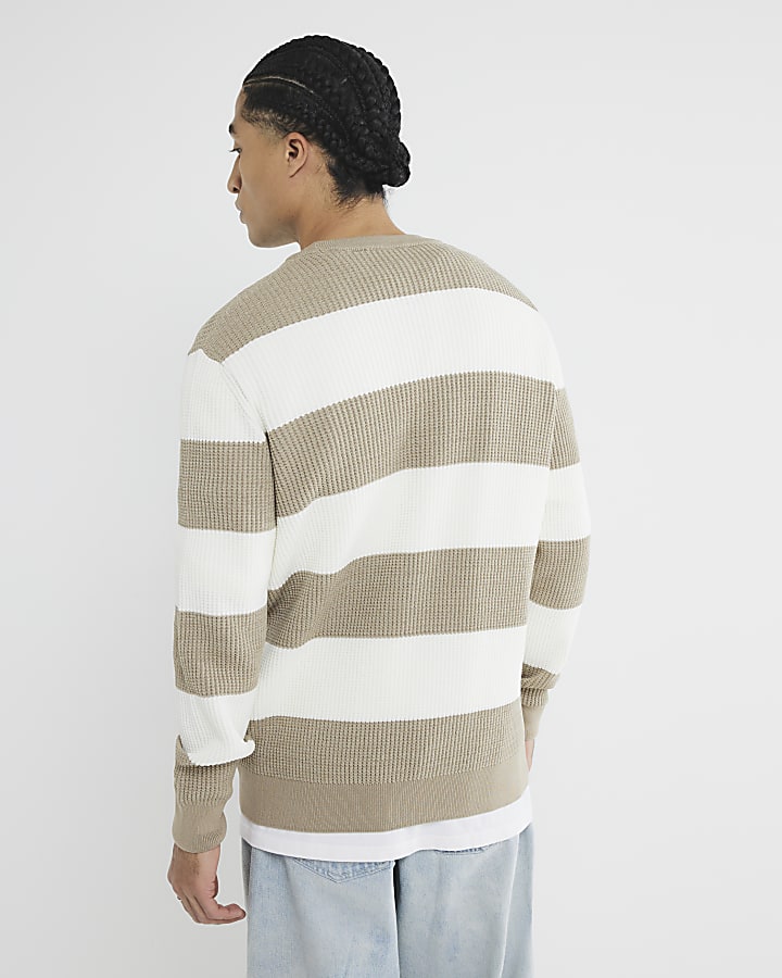Beige Long Sleeve Waffle Knit Stripe Jumper