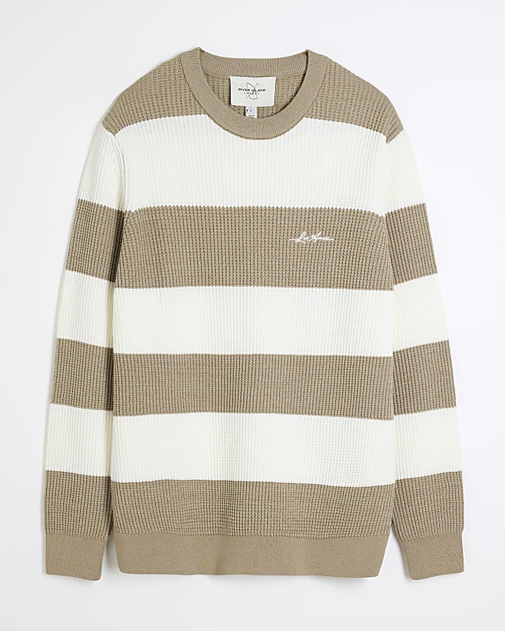 Beige Long Sleeve Waffle Knit Stripe Jumper