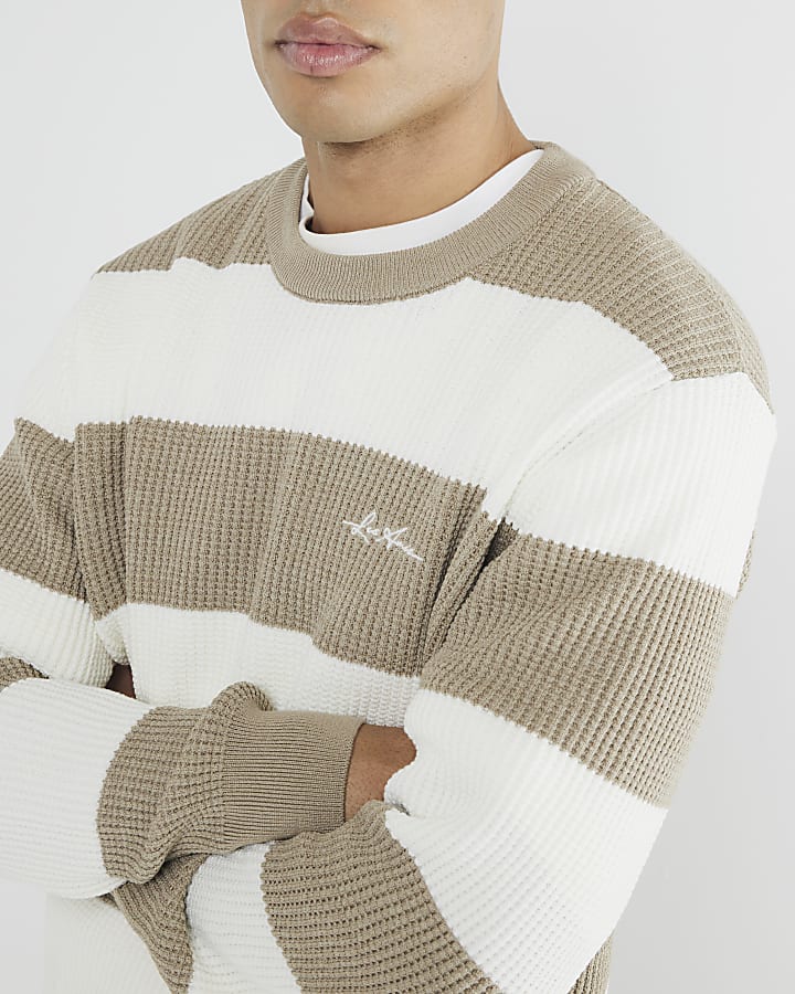 Beige Long Sleeve Waffle Knit Stripe Jumper