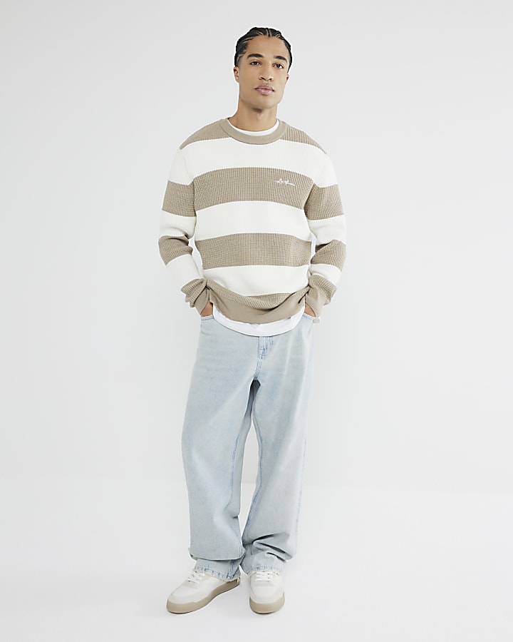 Beige Long Sleeve Waffle Knit Stripe Jumper