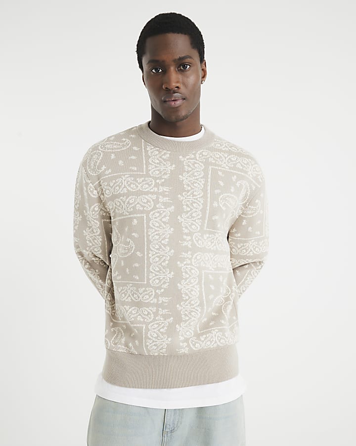 Beige Boxy Fit Knitted Paisley Sweatshirt