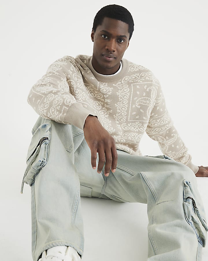 Beige Boxy Fit Knitted Paisley Sweatshirt