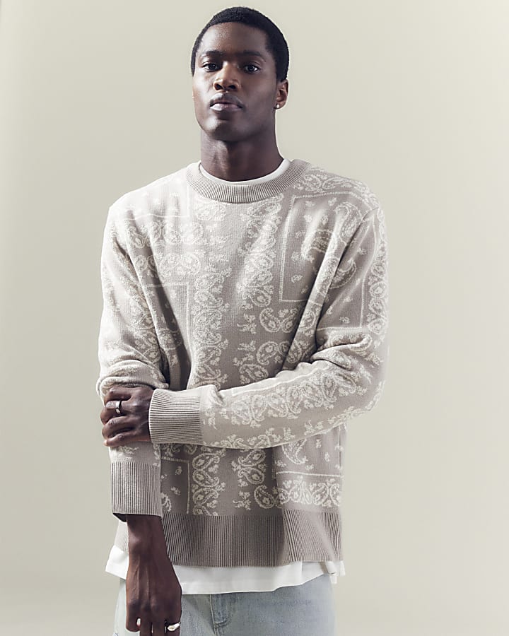 Beige Boxy Fit Knitted Paisley Sweatshirt