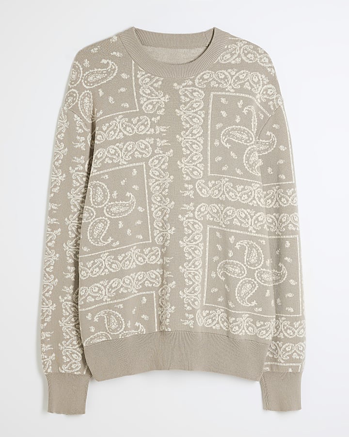 Stone Boxy Fit Knitted Paisley Sweatshirt