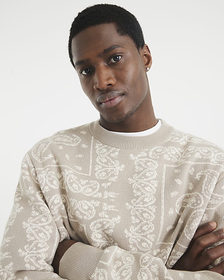 Beige Boxy Fit Knitted Paisley Sweatshirt