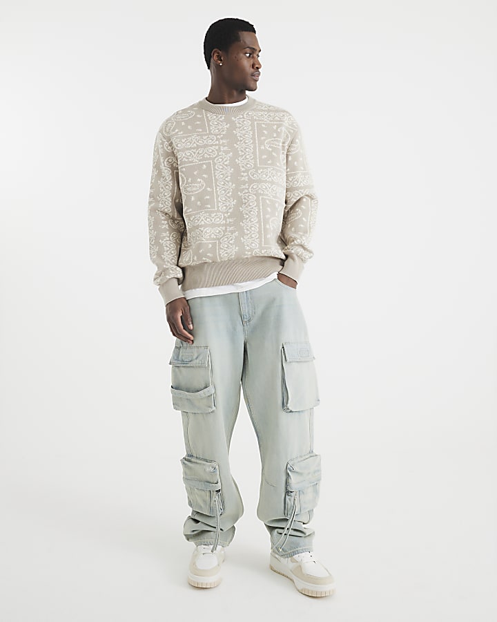 Beige Boxy Fit Knitted Paisley Sweatshirt