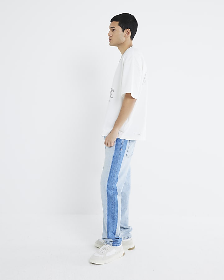 Blue Denim Straight Colour Block Jeans