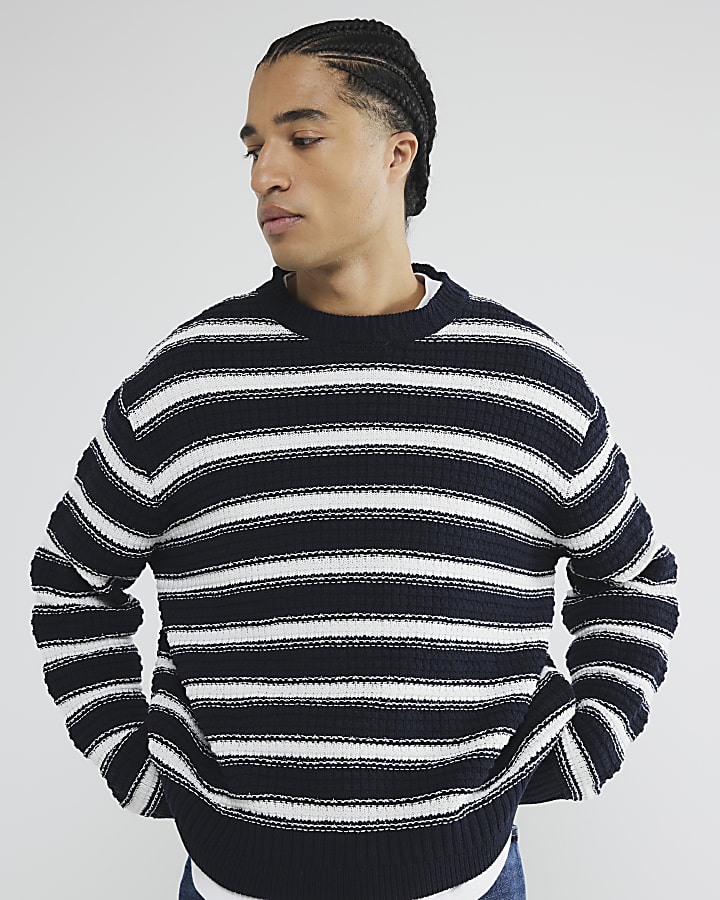 Navy Boxy Fit Textured Striped Jumper